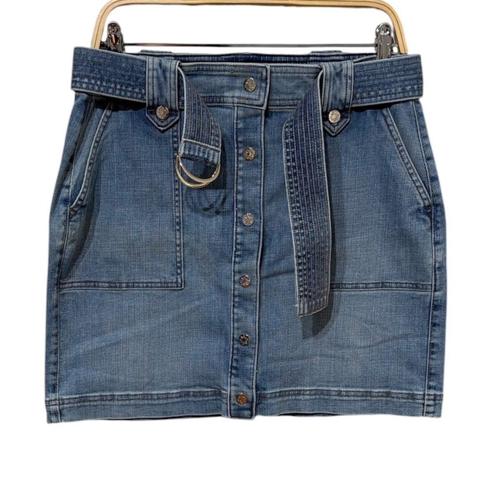 White House Black Market Denim Mini Skirt Button‎ Front Belted Blue Womens 10